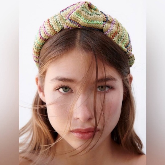 Zara Raffia Rainbow Stripes Knot Top Headband - Picture 2 of 6